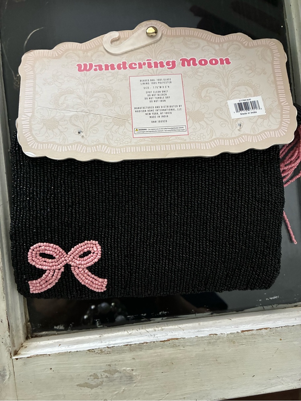 Wandering Moon Black Beaded Skull Pouch with Pink Accent & tassels NWT - Picture 5 of 6